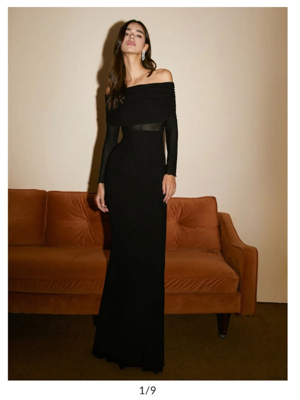 Commense Overfold Off-Shoulder Mesh Long Sleeve Long Dress Black